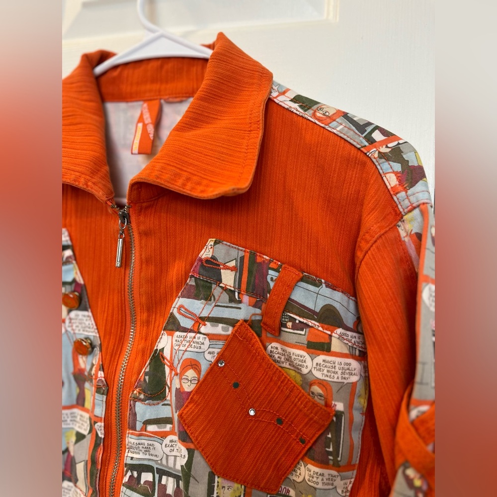 Vintage Johnny Girl 100% cotton Orange Jacket with Graphic Panels (Read) bin7 - Picture 3 of 8